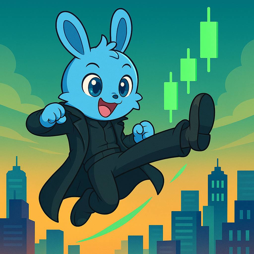 HOPPER ON BASE in business suit with city skyline and green trading charts