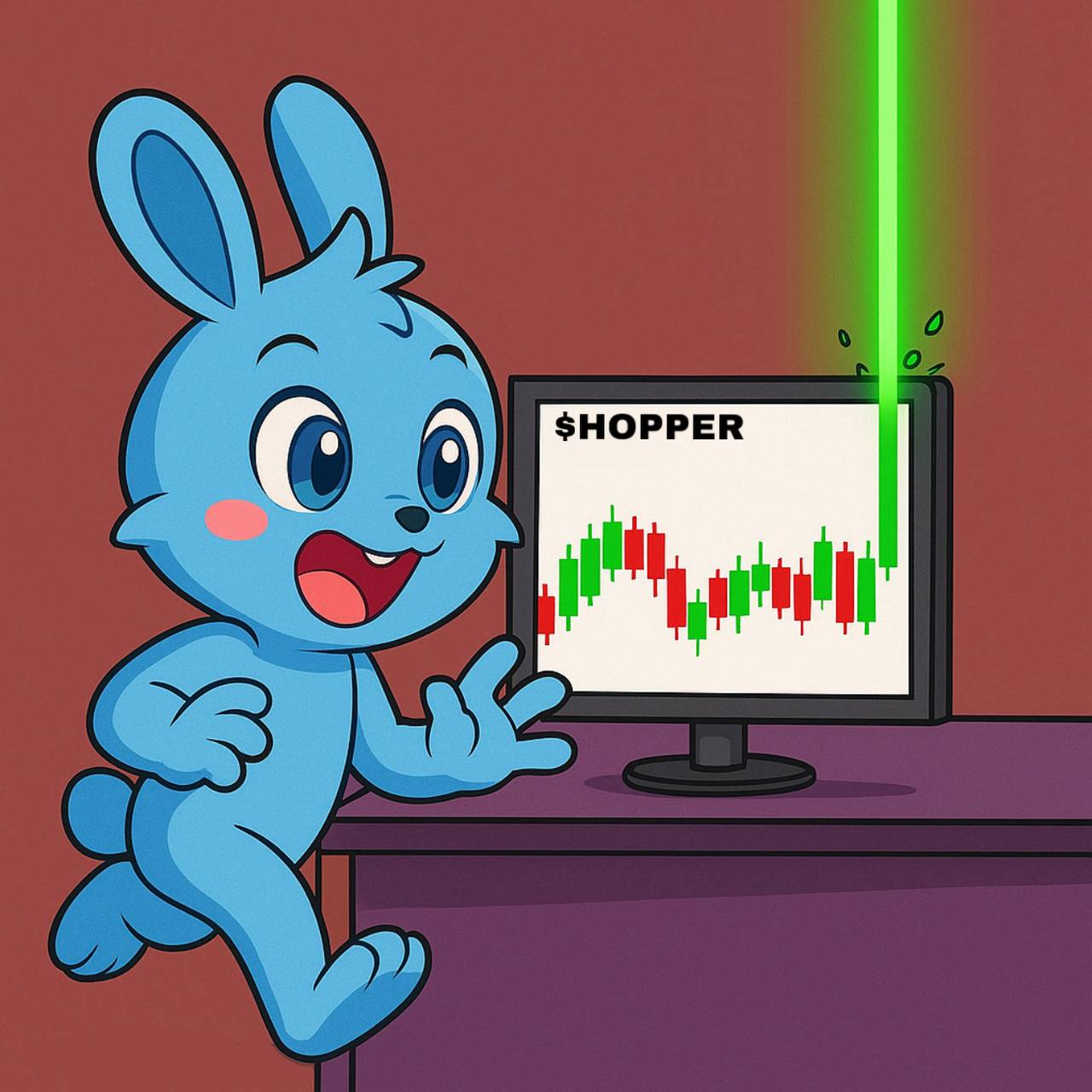 HOPPER ON BASE pointing at computer monitor showing HOPPER trading charts