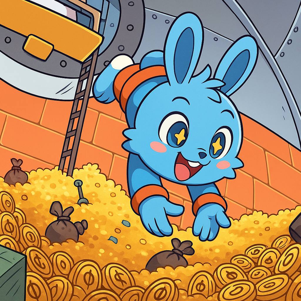 HOPPER ON BASE in treasure vault surrounded by golden coins with star-shaped eyes