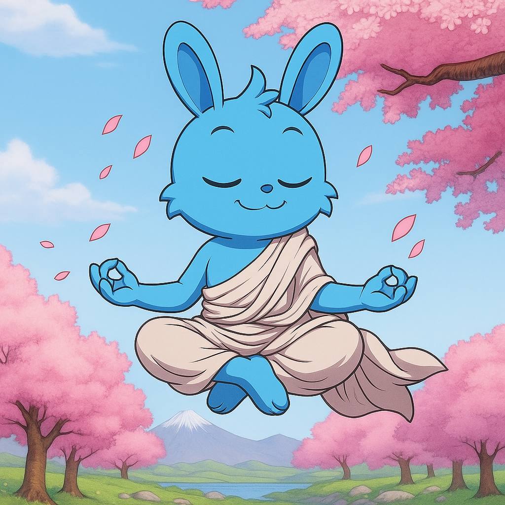 HOPPER ON BASE in peaceful meditation with cherry blossoms and mountain backdrop