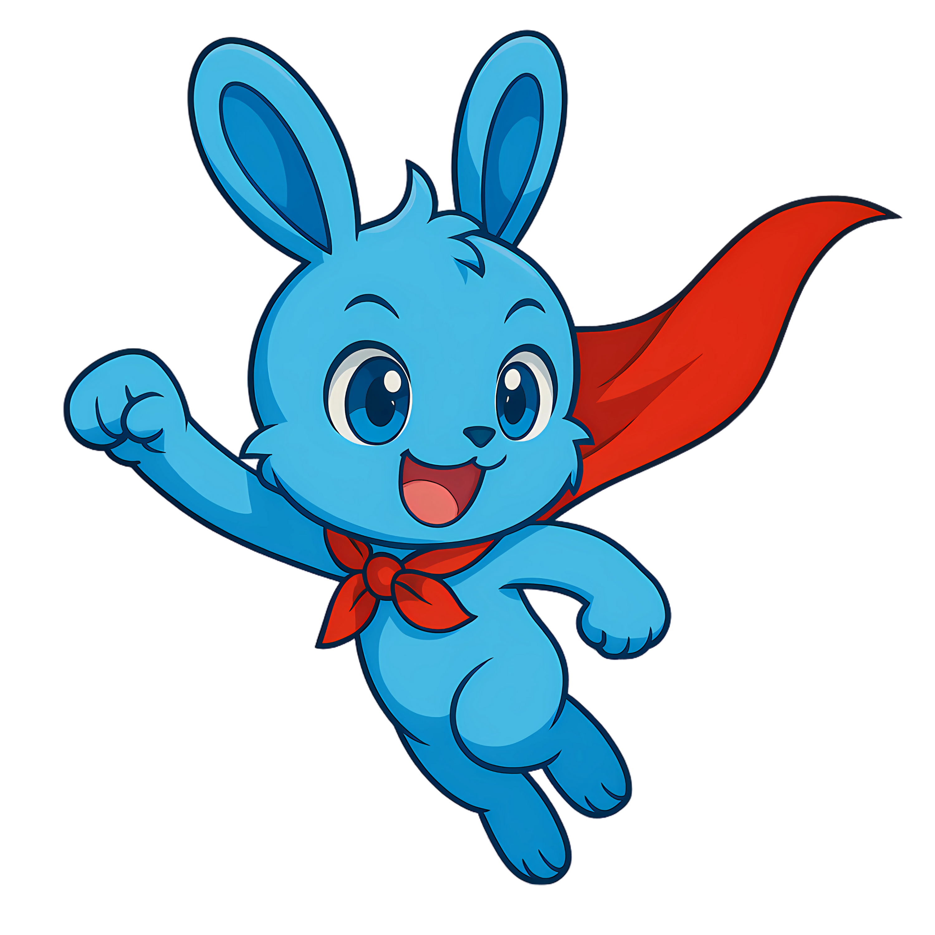 Blue bunny superhero Hopper flying with bright red cape