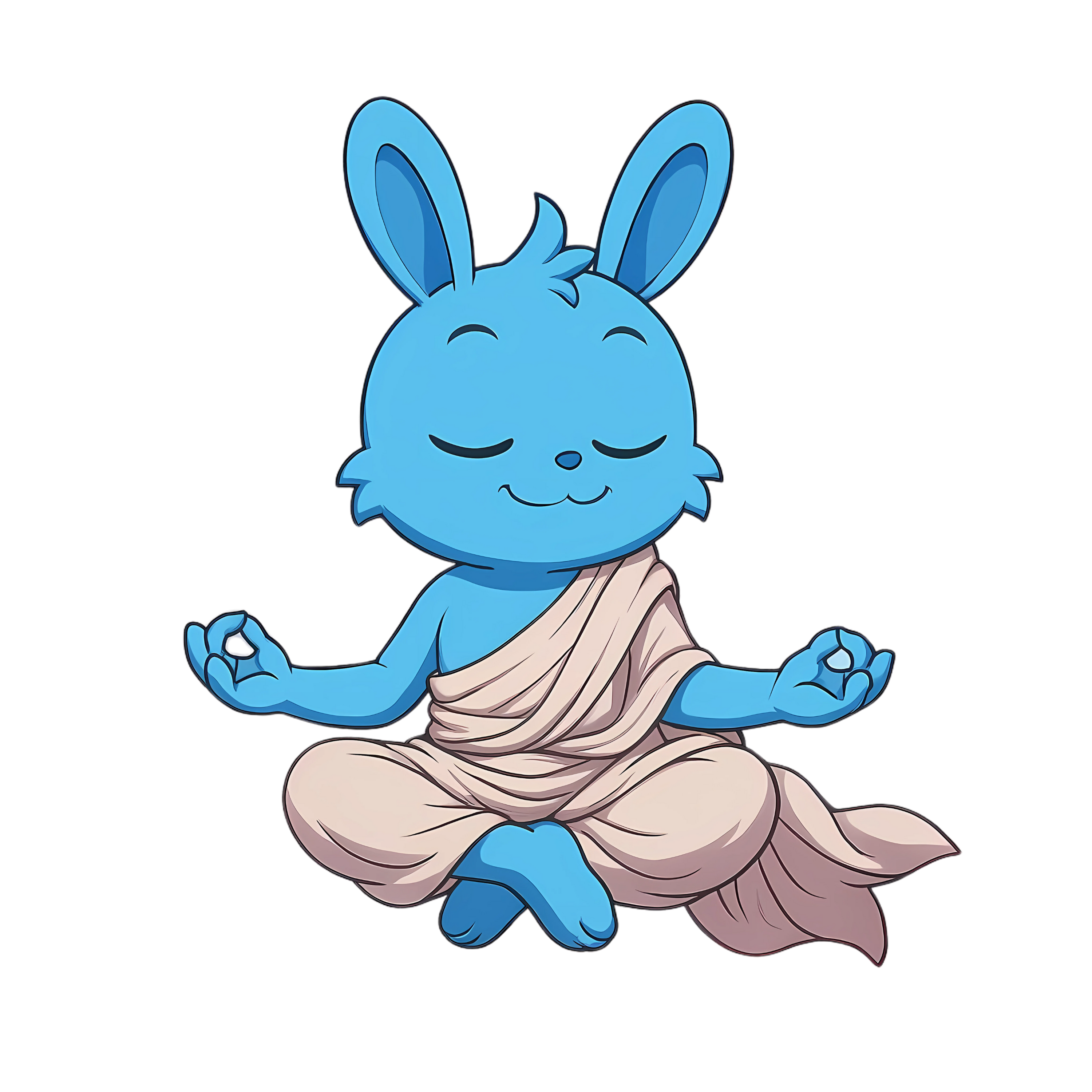 Blue bunny mascot HOPPER ON BASE in peaceful meditation pose wearing flowing robes
