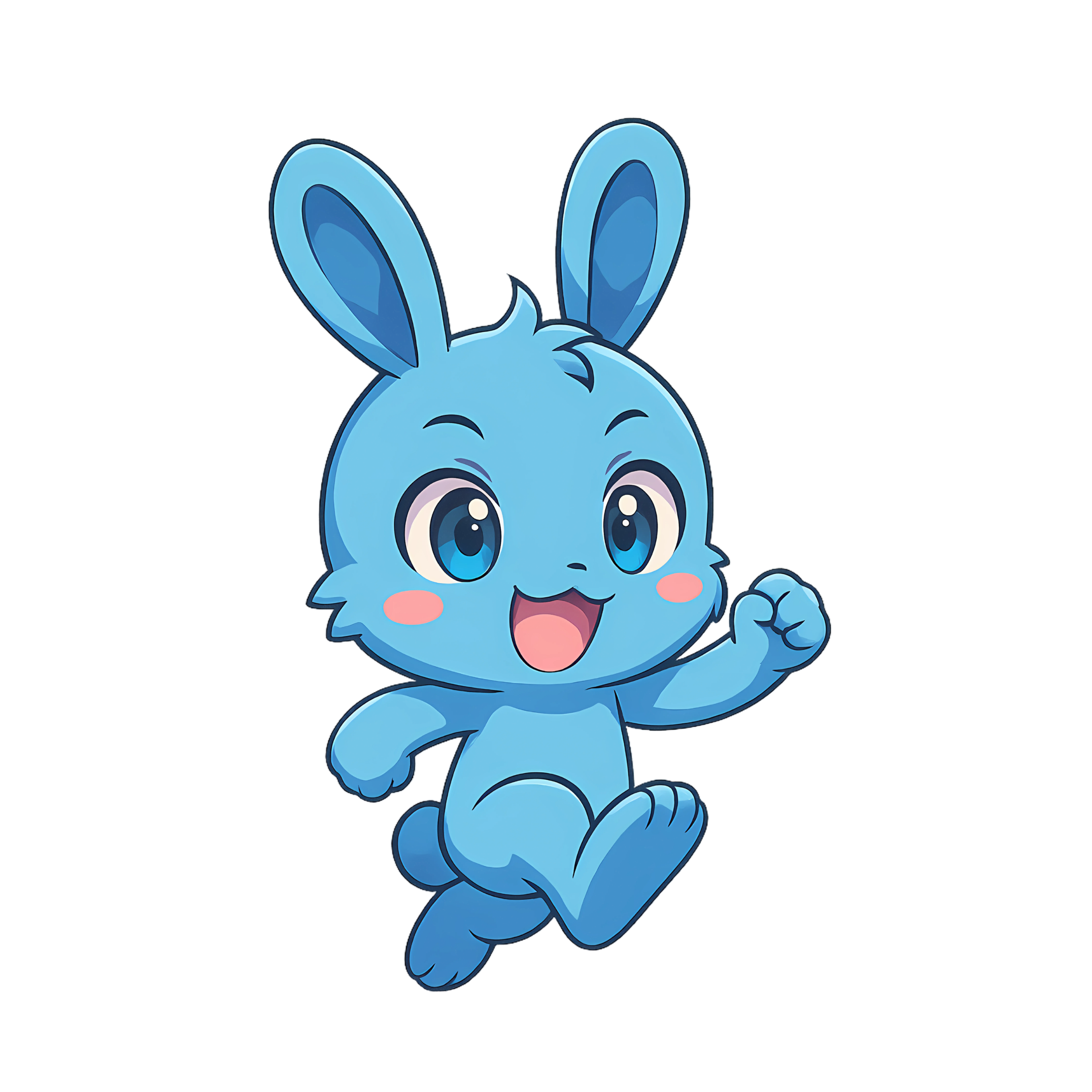 Blue bunny HOPPER ON BASE in celebratory jumping pose with fist pump showing excitement and energy